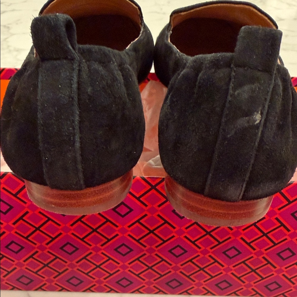 Tory Burch Black Suede Embossed Logo Loafers - Picture 3 of 6
